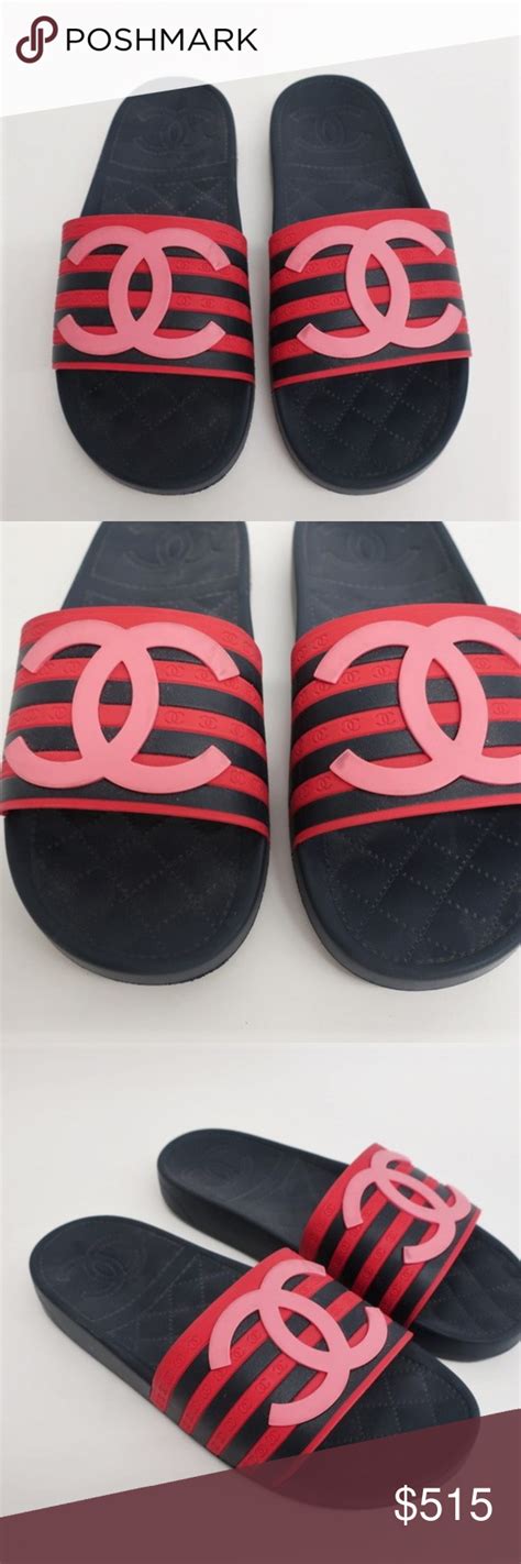 chanel striped cc pool slides|chanel slides price.